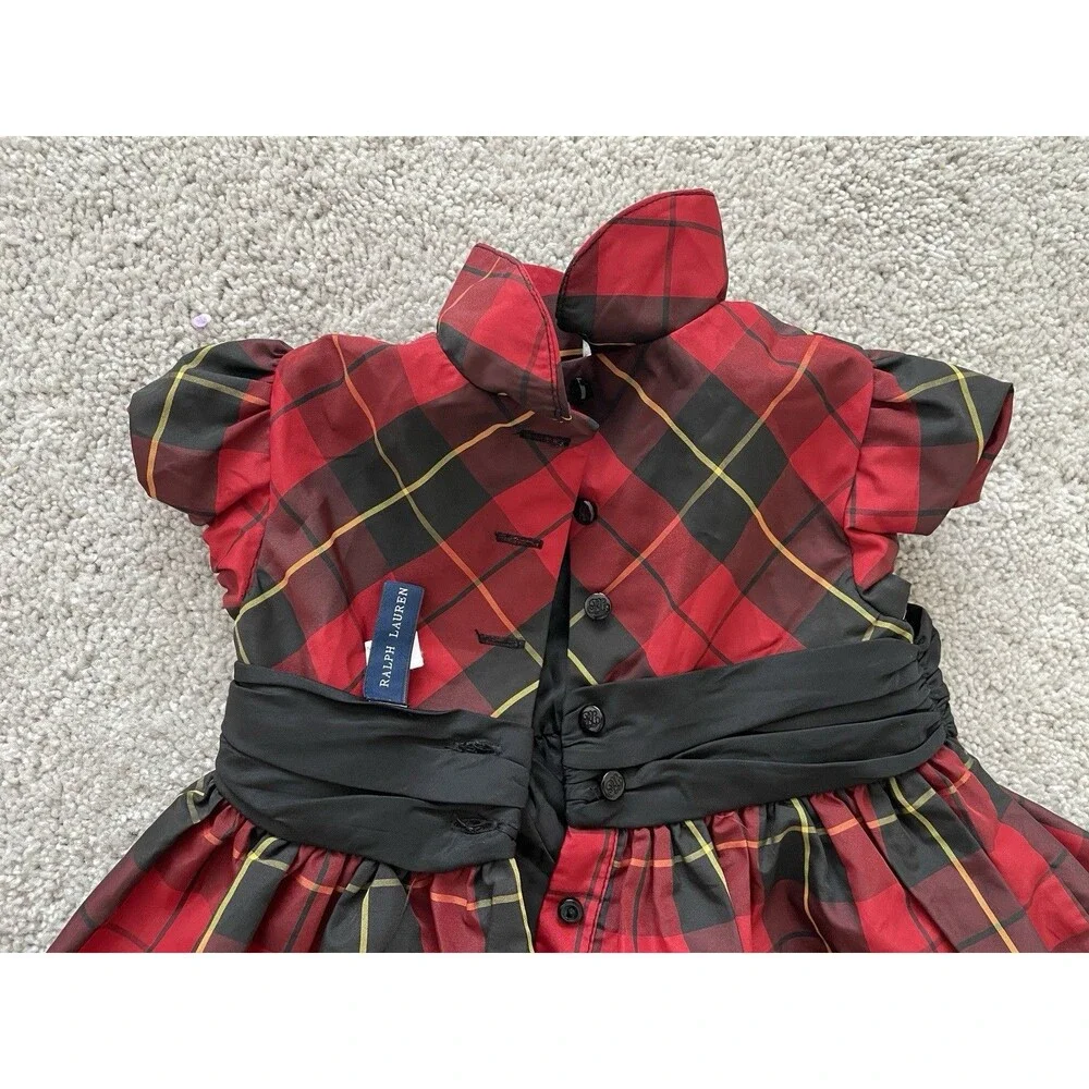 Ralph Lauren 18M Baby Tartan Red & Black Plaid Holiday Dress w/Peter Pan Collar
